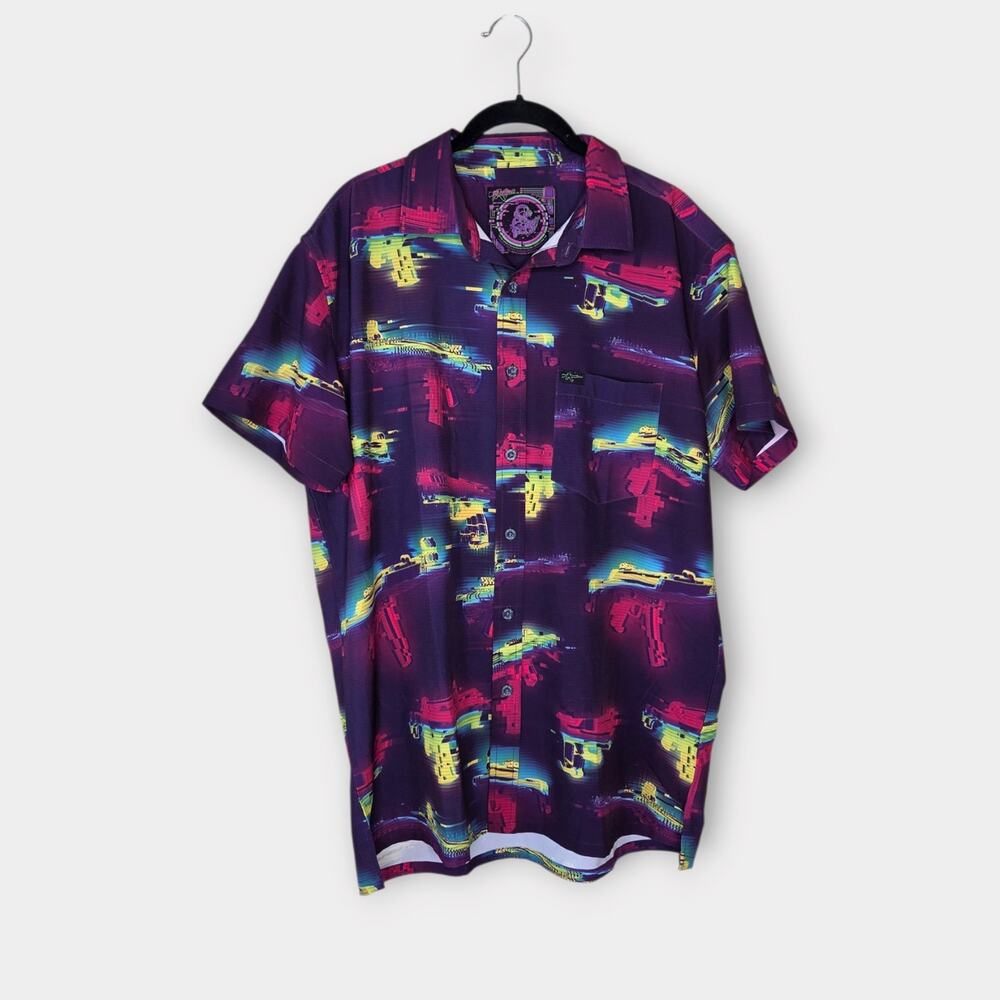 Retro Rifle Glitch Button Down Shirt Purple Yellow Breathable Men's Lg